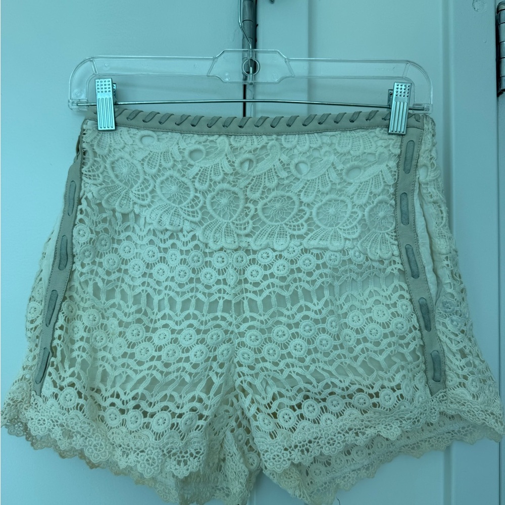 Maje Floral Lace Shorts with Leather details